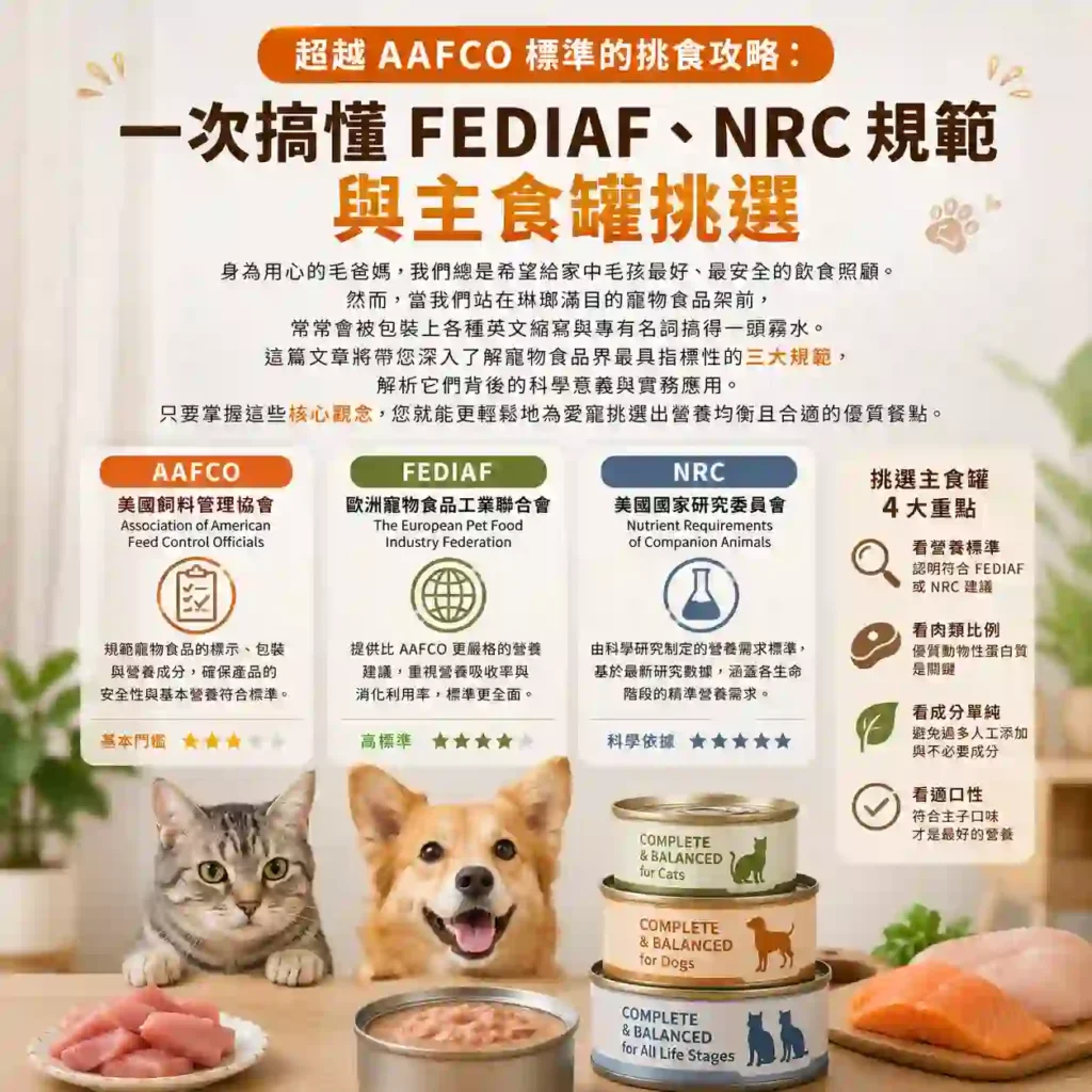 超越 AAFCO 標準的挑食攻略：一次搞懂 FEDIAF、NRC 規範與主食罐挑選